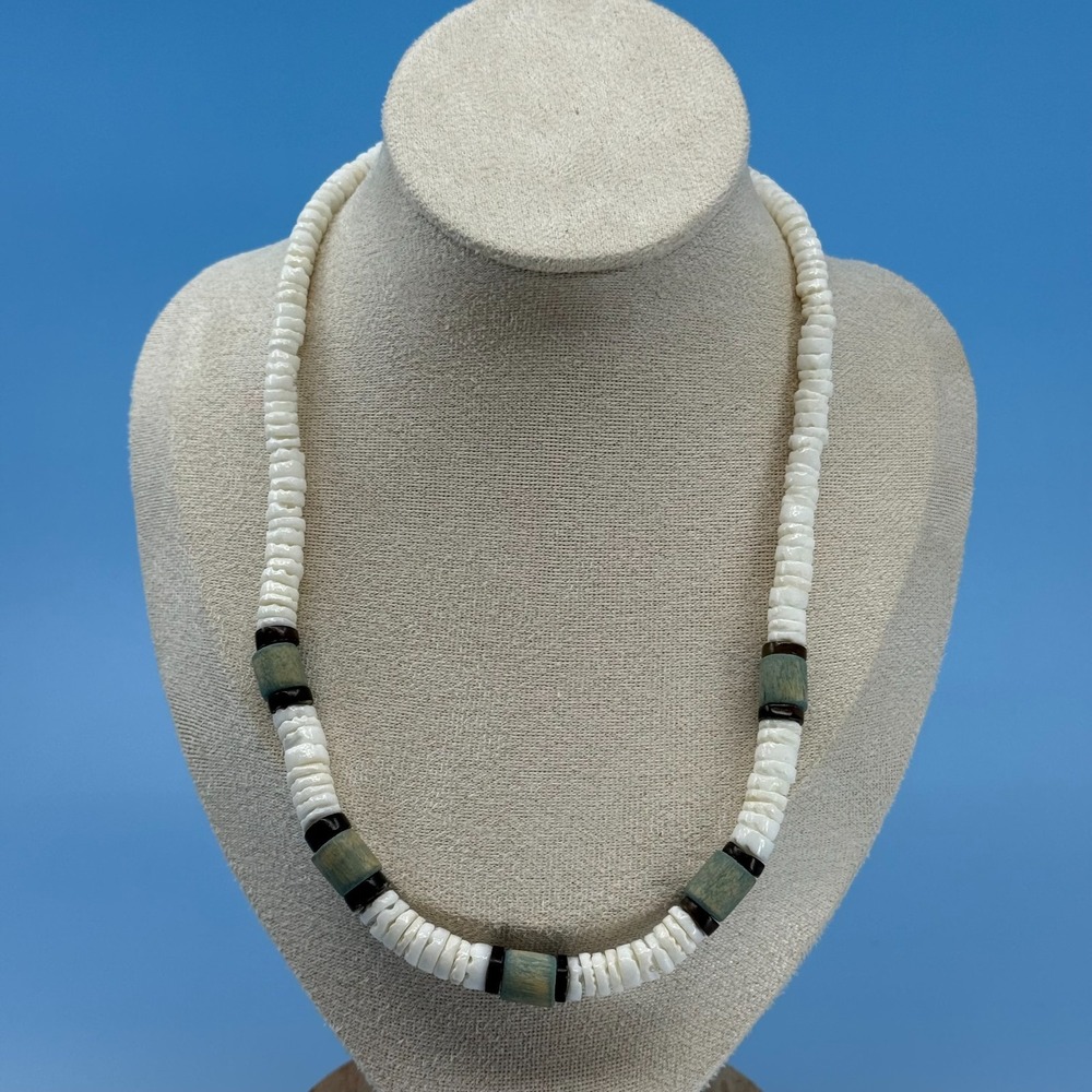 White Shell Heishi Bead Necklace Green Wood Accents Boho Beach Vintage Statement